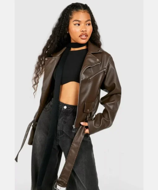 Women Petite Faux Leather Oversized Biker Jacket