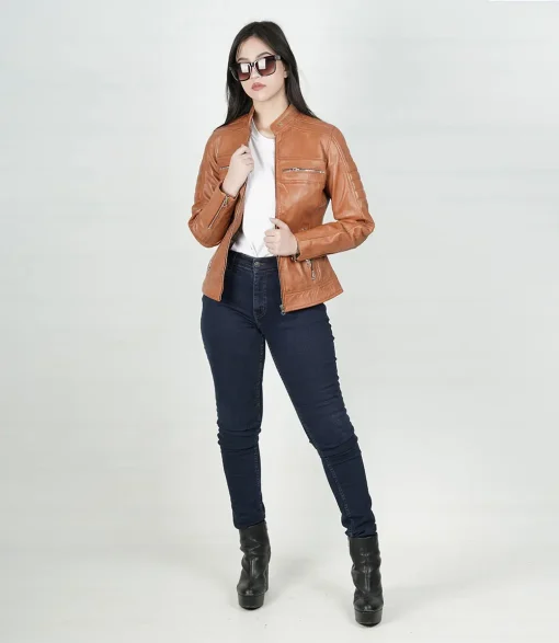 Womens Biker Tan Leather Jacket