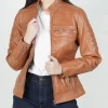 Womens Classical Style Biker Tan Leather Jacket
