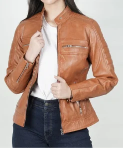 Womens Classical Style Biker Tan Leather Jacket