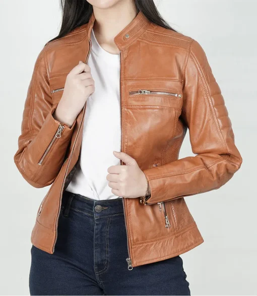 Womens Classical Style Biker Tan Leather Jacket