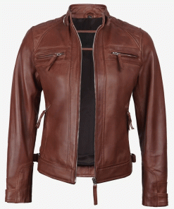 Womens Cognac Brown Leather Cafe Racer Jacket