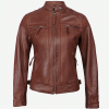 Womens Cognac Brown Leather Cafe Racer Jacket - Quilted Shoulder