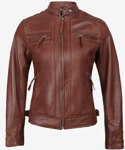 Womens Cognac Brown Leather Cafe Racer Jacket - Quilted Shoulder