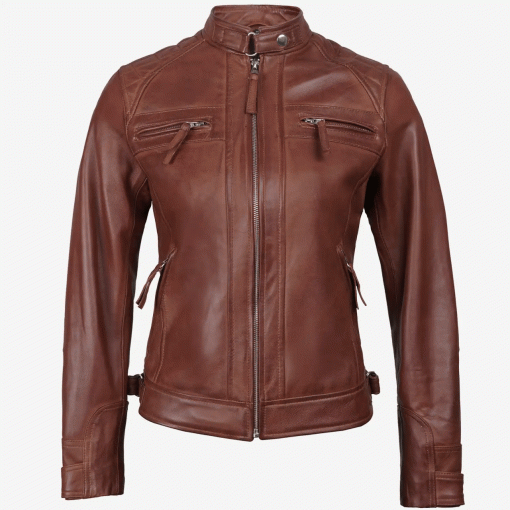 Womens Cognac Brown Leather Cafe Racer Jacket - Quilted Shoulder