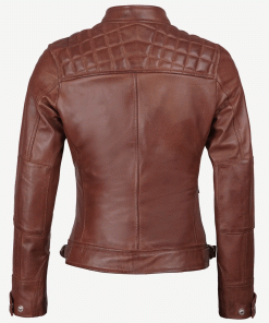 Womens Cognac Brown Leather Cafe Racer Jacket Slim Fit