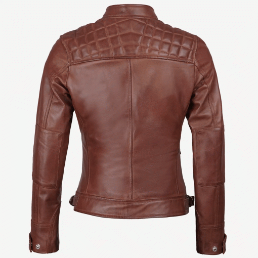 Womens Cognac Brown Leather Cafe Racer Jacket Slim Fit