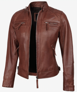 Womens Cognac Leather Cafe Racer Jacket - Quilted Shoulder