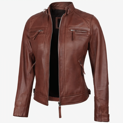 Womens Cognac Leather Cafe Racer Jacket - Quilted Shoulder