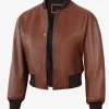 Womens Drop Shoulder Cognac Bomber Leather Cropped  Jacket