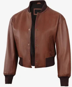 Womens Drop Shoulder Cognac Bomber Leather Cropped  Jacket