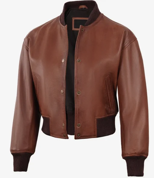 Womens Drop Shoulder Cognac Bomber Leather Cropped  Jacket