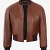 Womens Drop Shoulder Cognac Leather Crop Jacket