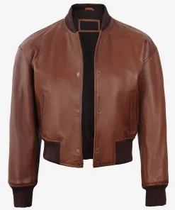 Womens Drop Shoulder Cognac Leather Crop Jacket