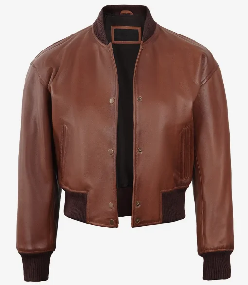Womens Drop Shoulder Cognac Leather Crop Jacket