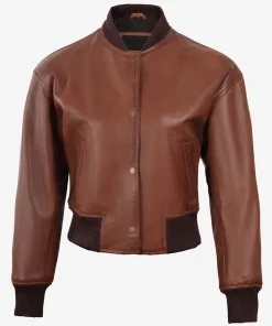 Womens Drop Shoulder Cognac Leather Cropped Jacket