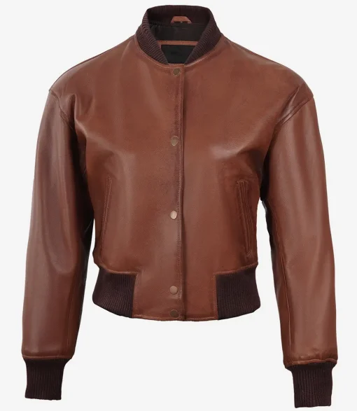 Womens Drop Shoulder Cognac Leather Cropped Jacket