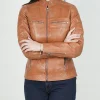 Womens Slim Fit Biker Tan Leather Jacket