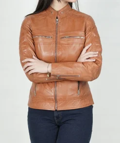 Womens Slim Fit Biker Tan Leather Jacket