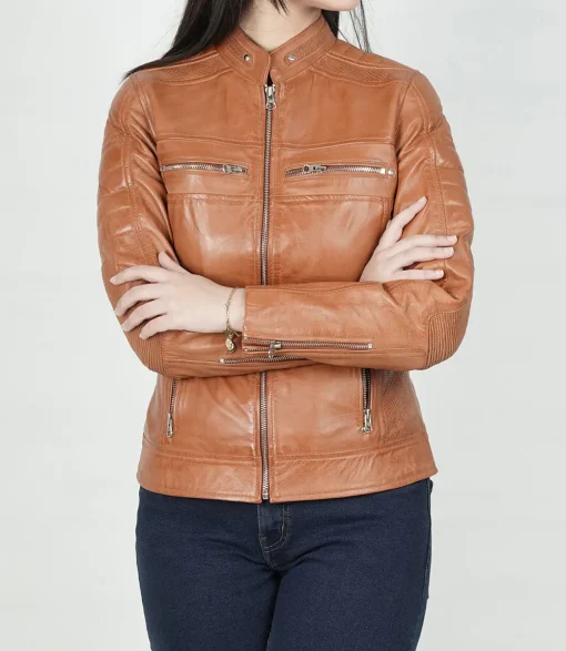Womens Slim Fit Biker Tan Leather Jacket
