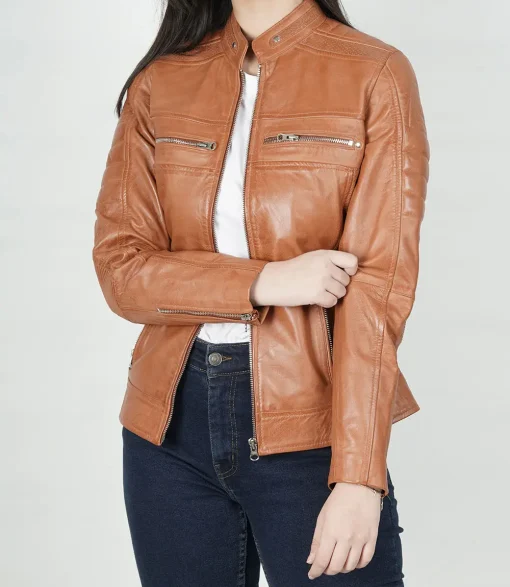 Womens Slim Fit Classical Style Biker Tan Leather Jacket