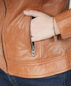 Womens Slim Fit Classical Style Biker Tan Leather Jacket Sale