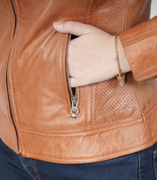Womens Slim Fit Classical Style Biker Tan Leather Jacket Sale