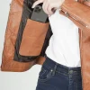 Womens Slim Fit Classical Style Biker Tan Leather Jacket inmner