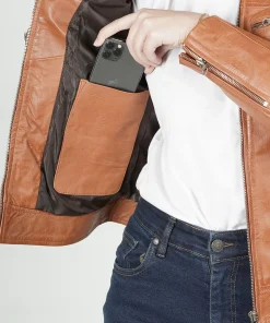 Womens Slim Fit Classical Style Biker Tan Leather Jacket inmner