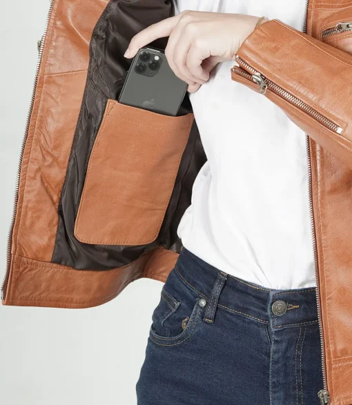 Womens Slim Fit Classical Style Biker Tan Leather Jacket inmner