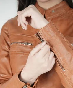 Womens Slim Fit Motorcycle Tan Leather Jacket