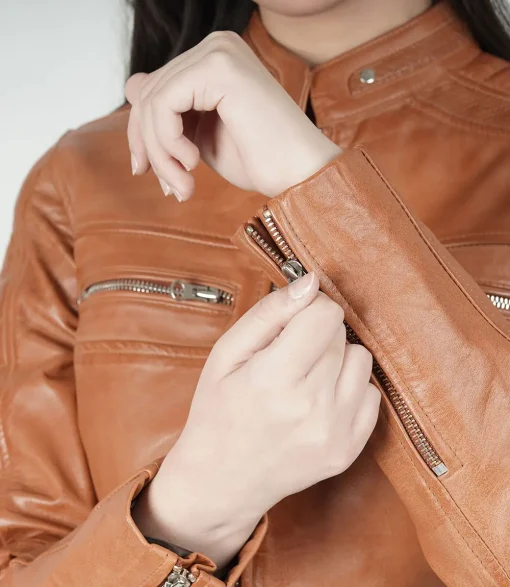 Womens Slim Fit Motorcycle Tan Leather Jacket