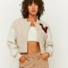 Women's TW Colorblock Beige Varsity Jacket