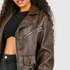 female chocolate petite faux leather oversized biker jacket