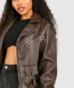 female chocolate petite faux leather oversized biker jacket