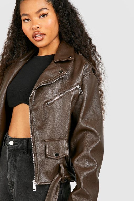female chocolate petite faux leather oversized biker jacket