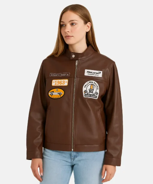 Abercrombie Women McLaren Vegan Brown Leather Racer Jacket