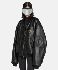 Balenciaga I Automobili Lamborghini Oversized Bomber in Black Super Soft Leather Jacket