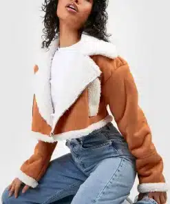 Boohoo Women Crop Boxy Shearling Aviator Jacket