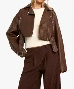 Boohoo Women Vintage Look Faux Leather Crop Biker Jacket