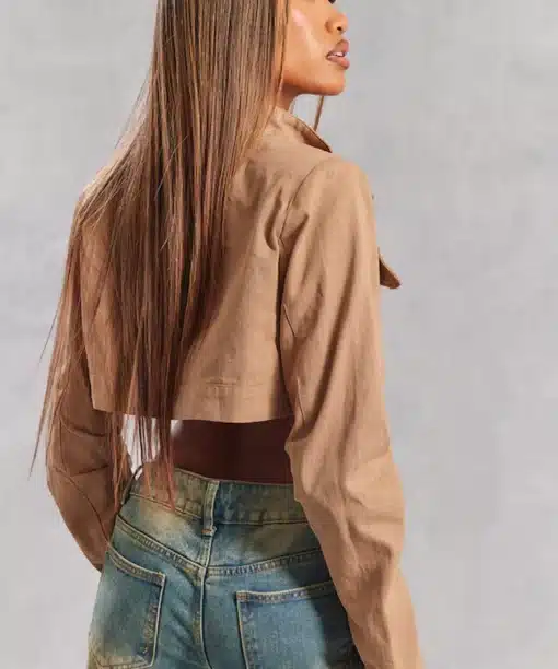 Camel Cotton Pocket Front Cropped Jacket