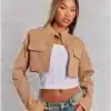 Camel Cotton Pocket Front Cropped Jacket Women