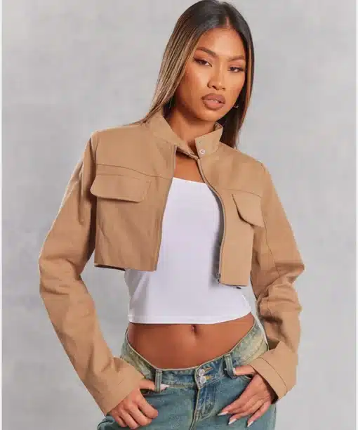 Camel Cotton Pocket Front Cropped Jacket Women