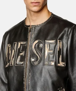 Diesel Distressed Black Leather Jacket with metal logo