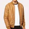 Men’s Casual Tan Brown Leather Bomber Biker Jacket