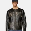 Mens Diesel Distressed Black Leather Jacket with metal logo