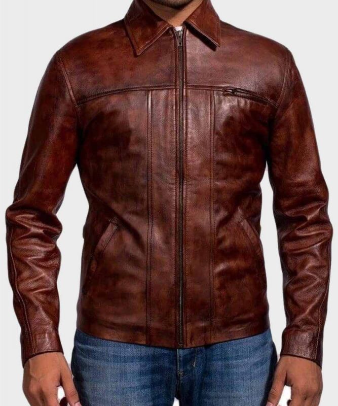Mens Distressed Leather Brown Jacket