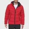 Mens-Puffer-Red-Stretch-Jacket-With-Sherpa-Hood