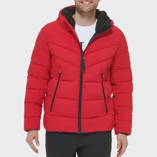 Mens-Puffer-Red-Stretch-Jacket-With-Sherpa-Hood