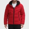 Mens-Puffer-Red-Stretch-Jacket-With-Sherpa-Hood